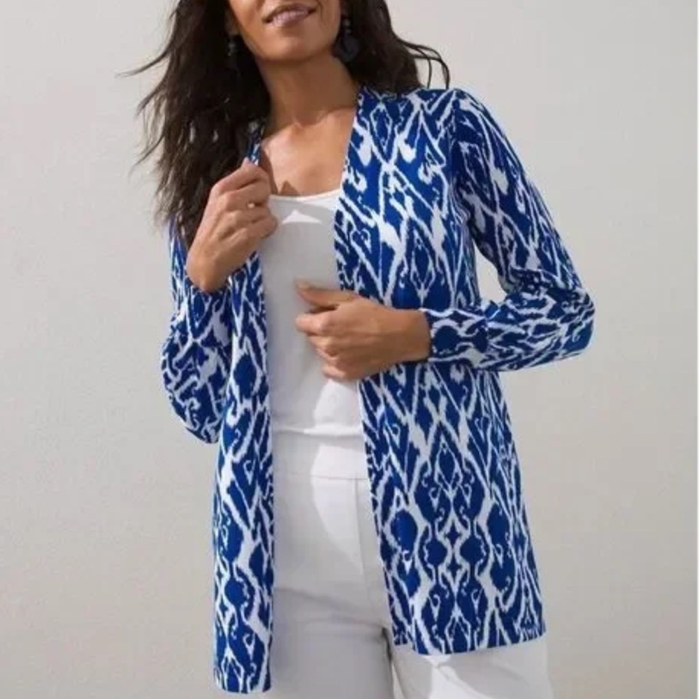 Chicos | Blue White Ikat Open Front Lightweight Cardigan Sweater